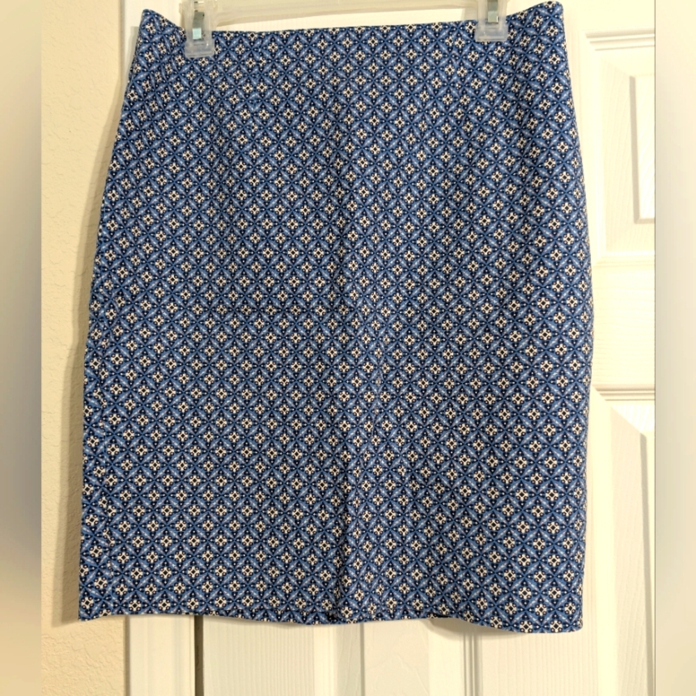 EUC•Dalia Collection Blue Patterned, Back Zipper W/Button Women's Skirt•Size 6💠